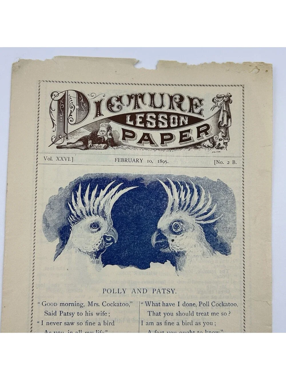 Antique 1895 Picture Lesson Paper Polly & Patsy Cockatoo Parrot Ephemera     C19